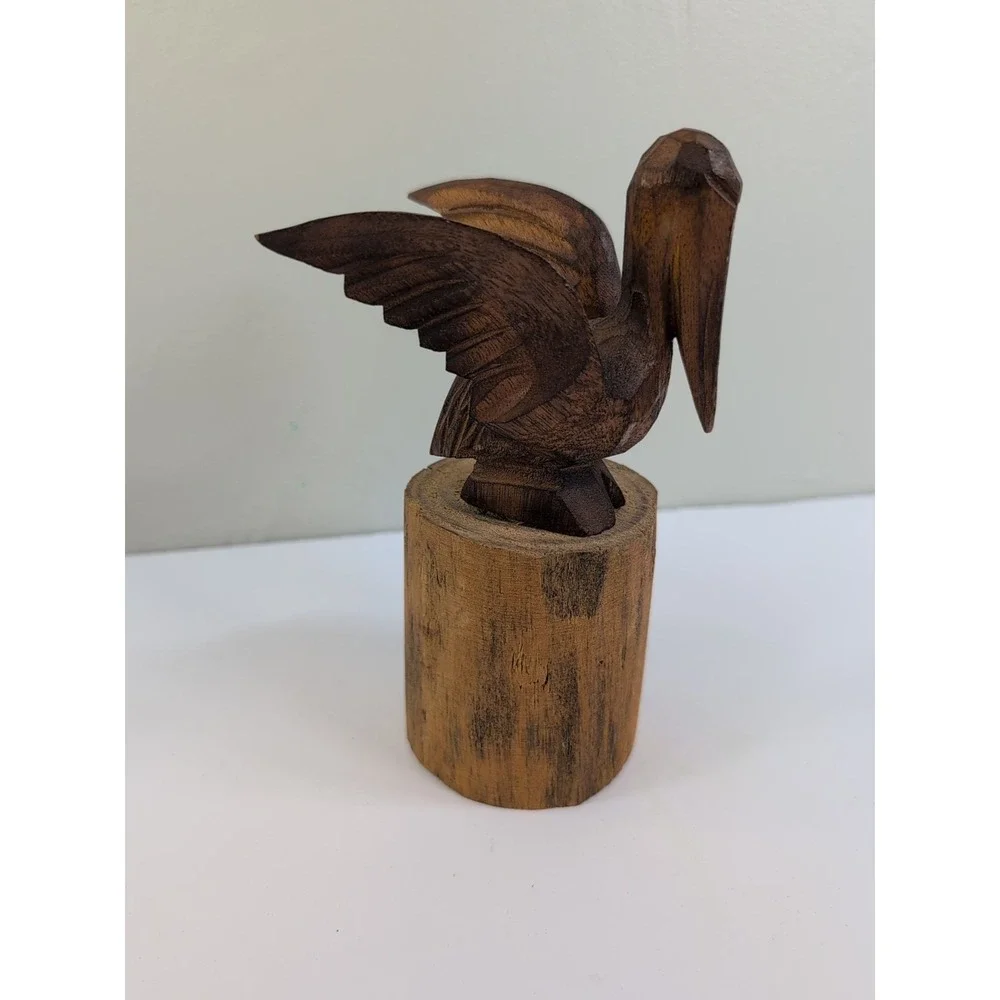 Vintage Carved Wood Pelican On Post‎ Figurine 7in